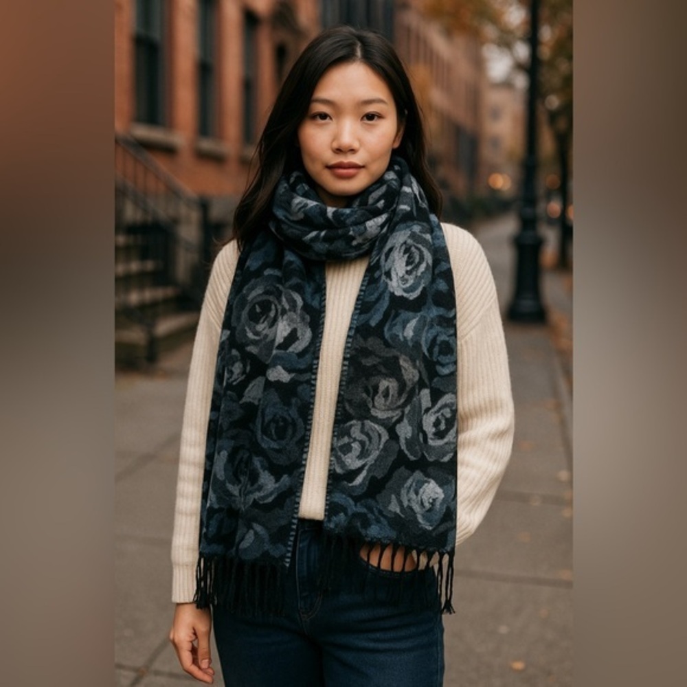 Steve Madden Floral Denim Black Blue Shawl Scarf 78” X 21” + fringe NWT #1703